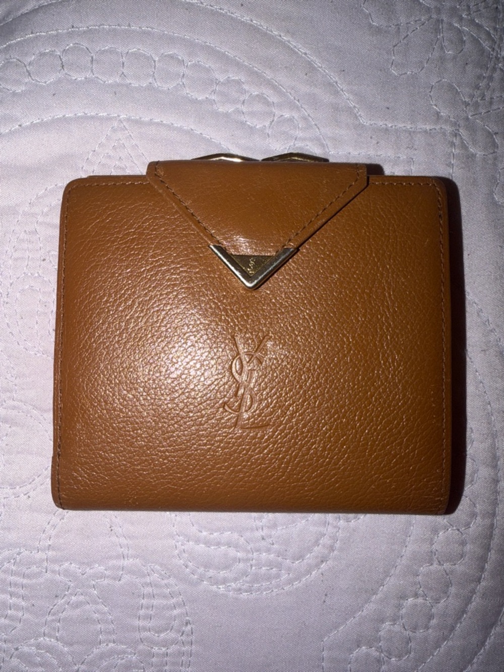 Authentic Pre-Loved Yves Saint Laurent Caramel Leather with Gold Compact Wallet